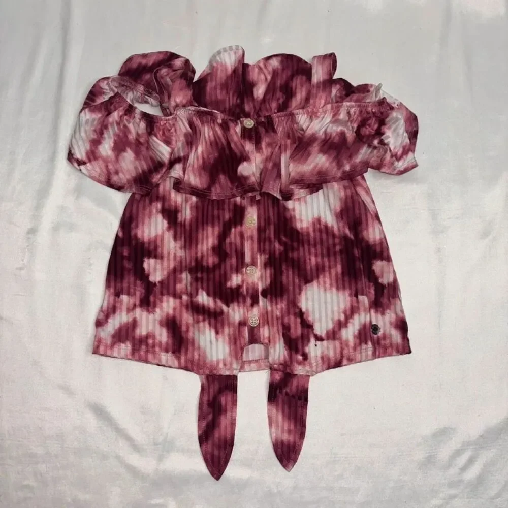 Justice Girls Tie Dye Off Shoulder Ruffle Top Size M (10) | Purple Maroon Blouse
